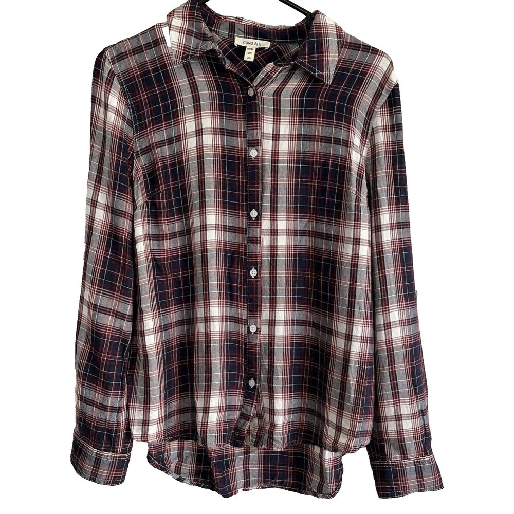 Como Blu Plaid Button Up Long Sleeve Shirt Size Medium Red White Blue Top
